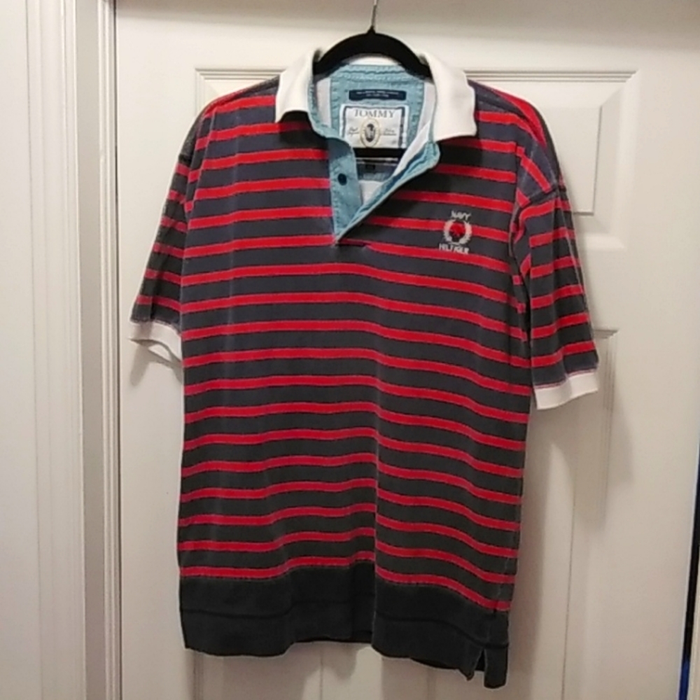 Mens Tommy Hilfiger short sleeved Polo shirt, size Medium, red and navy stripes